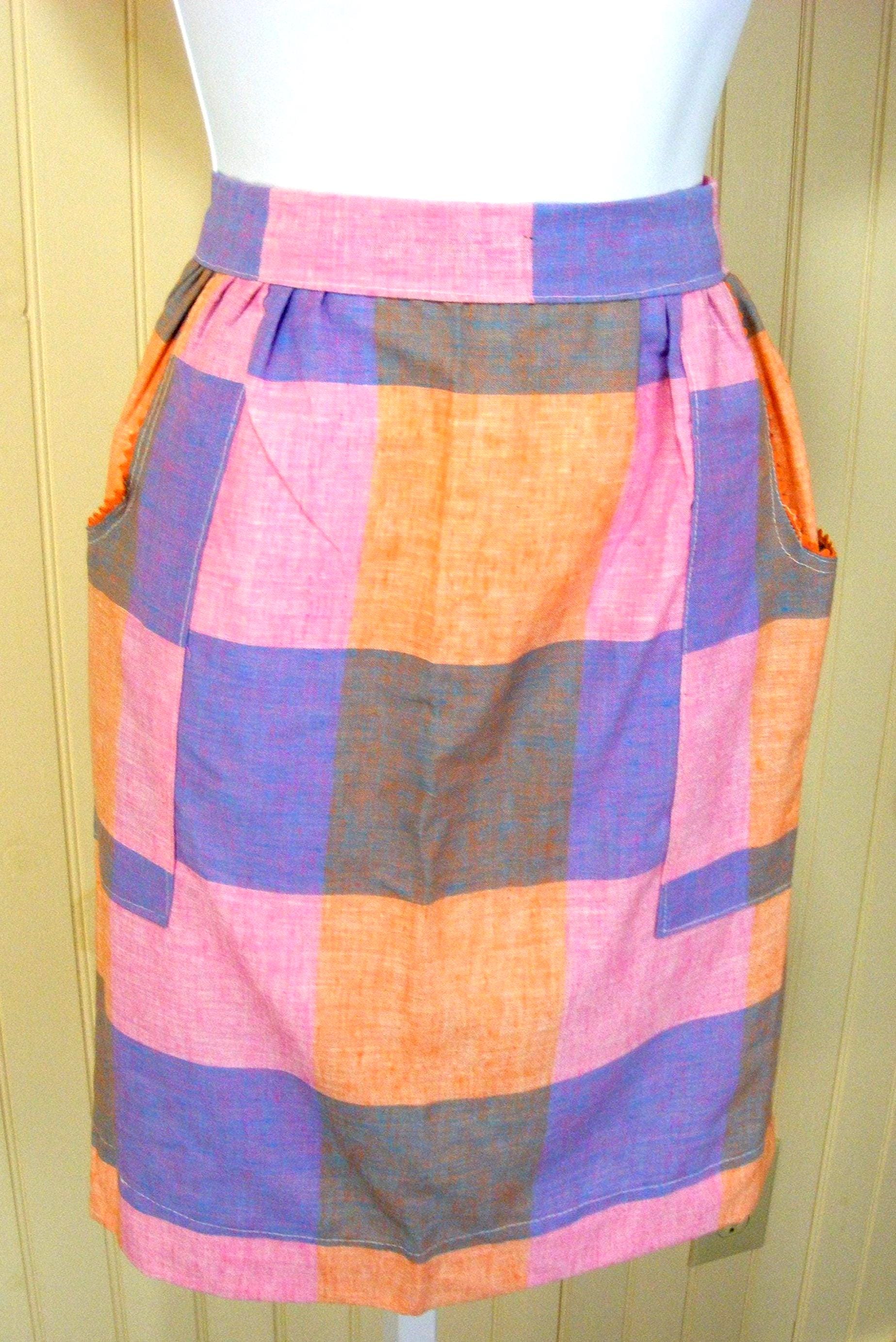 60s Apron Cotton Poly Pink Orange Blue Lg Check Pocket Unworn