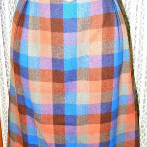 60s Skirt Wool Plaid Blue Brown Slim Silhouette S 26" Waist image 1