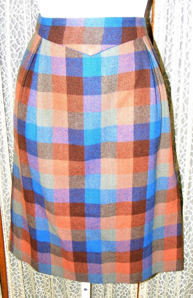 60s Skirt Wool Plaid Blue Brown Slim Silhouette S 26" Waist image 1