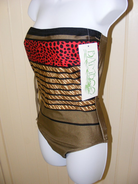 70s/ 1980s Swimsuit Bamboo 1pc Bandeau Top High L… - image 3