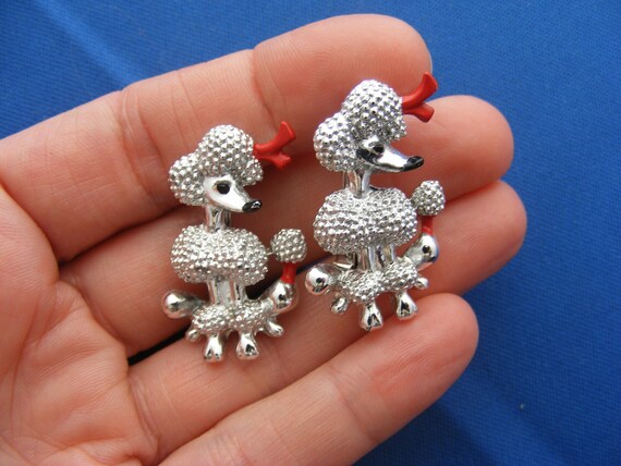 Pair 50s Scatter Pins Silver Poodles w/ Red Bows … - image 5
