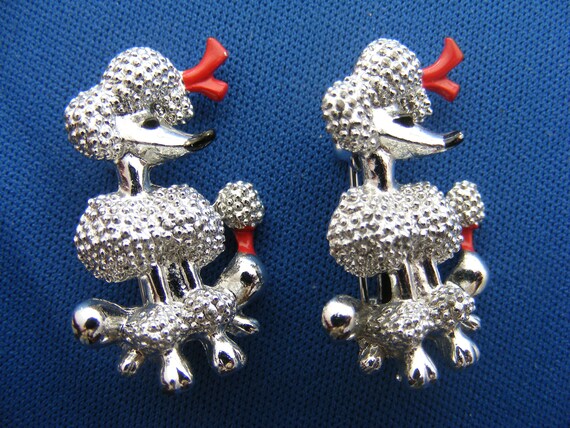 Pair 50s Scatter Pins Silver Poodles w/ Red Bows … - image 1