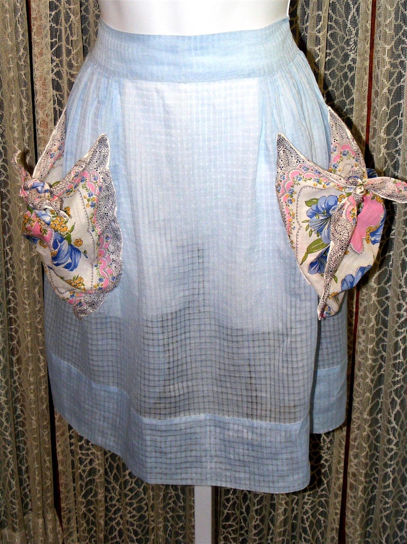 40s Apron Blue Dimity Handmade Vintage Kitchen Handkerchief Pockets image 2