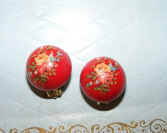 50s Clip Earrings Red Floral Plastic Button Look Hong Kong Rockabilly