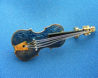 60s Vintage Violin Cello Brooch Pin Enameled Blue 1.75"