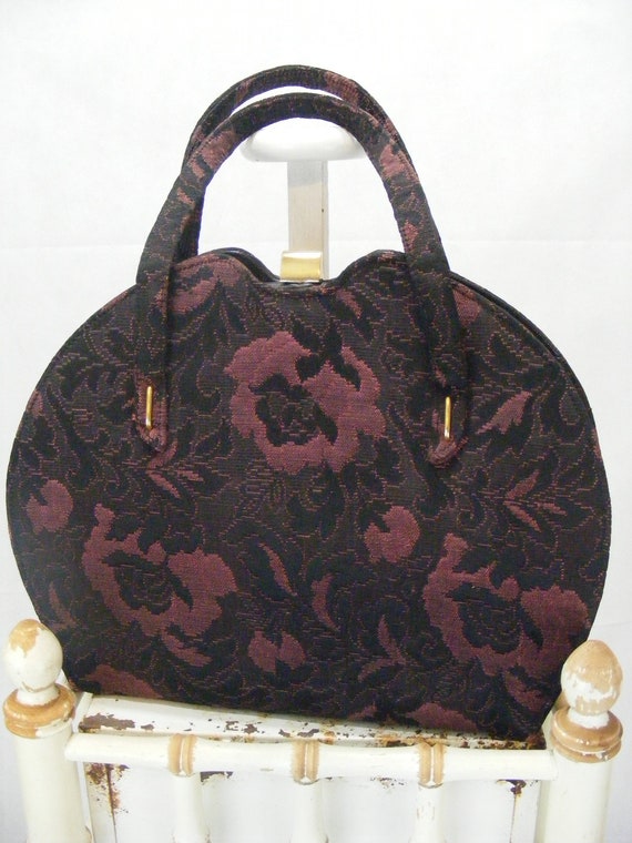 1950s Tapestry Handbag Black & Plum Floral Purse … - image 4