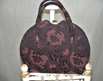 1950s Tapestry Handbag Black & Plum Floral Purse Pocketbook Large Vintage Bag