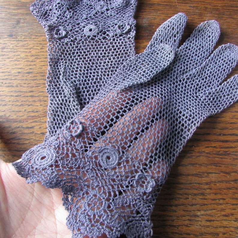 Edwardian Gloves Blue Crochet Lace Rosettes Vintage Gloves 234