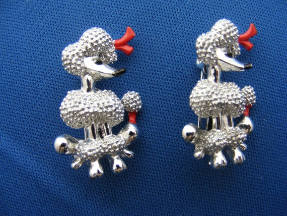 Pair 50s Scatter Pins Silver Poodles w/ Red Bows … - image 3