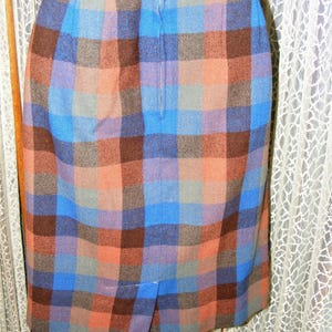 60s Skirt Wool Plaid Blue Brown Slim Silhouette S 26" Waist image 5