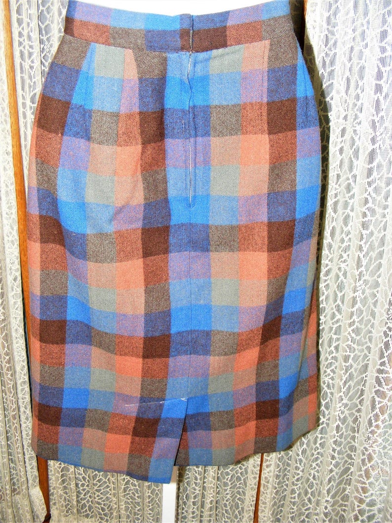 60s Skirt Wool Plaid Blue Brown Slim Silhouette S 26" Waist image 5