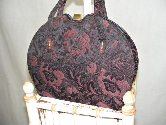 1950s Tapestry Handbag Black & Plum Floral Purse … - image 3