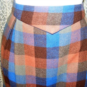 60s Skirt Wool Plaid Blue Brown Slim Silhouette S 26" Waist image 2