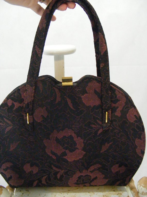 1950s Tapestry Handbag Black & Plum Floral Purse … - image 6