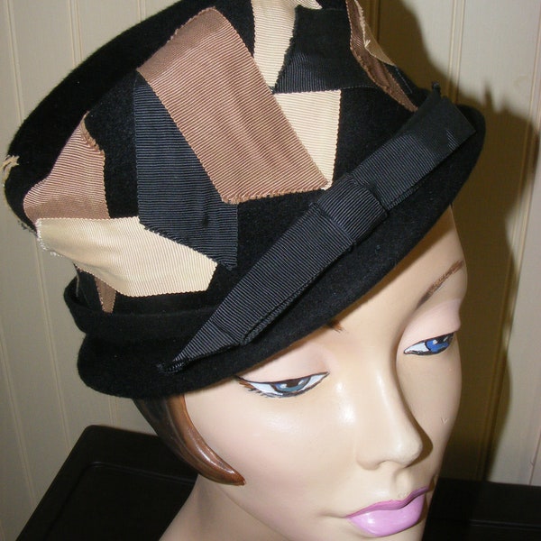 60s Hat Black Wool Felt Tall Pillbox Style Decorative Glenover Henry Pollack