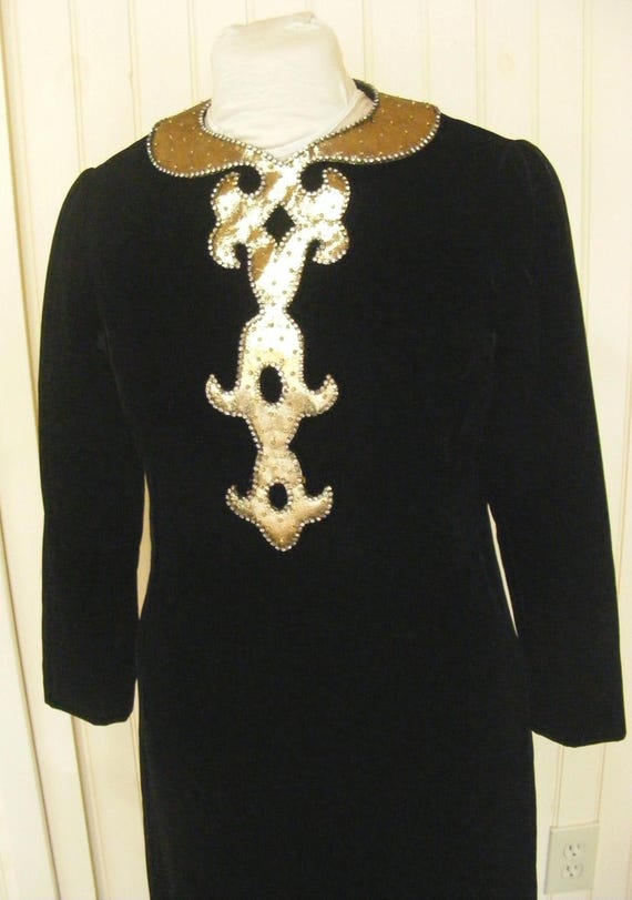 70s Gown Lord & Taylor Black Velvet Gold Accents Shift Style S