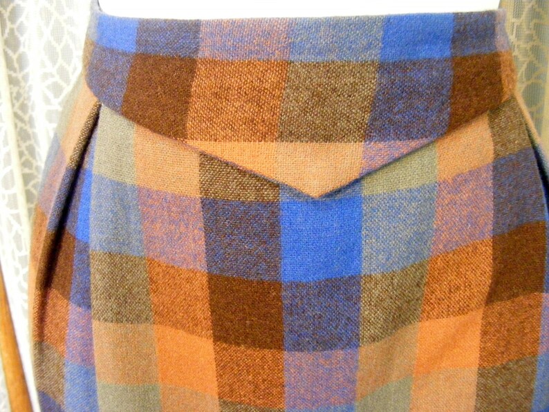 60s Skirt Wool Plaid Blue Brown Slim Silhouette S 26" Waist image 4