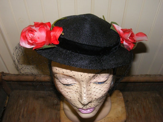 50s Hat Black Straw Flat Velvet and Roses Veiled … - image 6