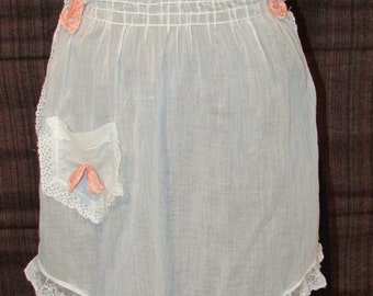 Edwardian 1910 Serving Apron Domestic Wear Sheer White Cotton Delicate Lace Trim Pocket and Lace Ribbon Bows Pin on Style