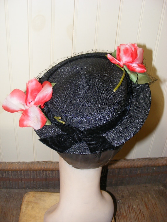 50s Hat Black Straw Flat Velvet and Roses Veiled … - image 2