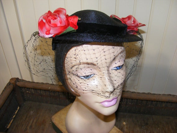 50s Hat Black Straw Flat Velvet and Roses Veiled … - image 1