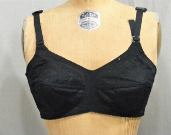 1970s Vintage Bra 38B FLEXEES  Black Nylon Lace Sheer Vintage Lingerie