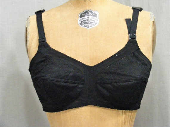 1970s Vintage Bra 38B FLEXEES Black Nylon Lace Sheer Vintage