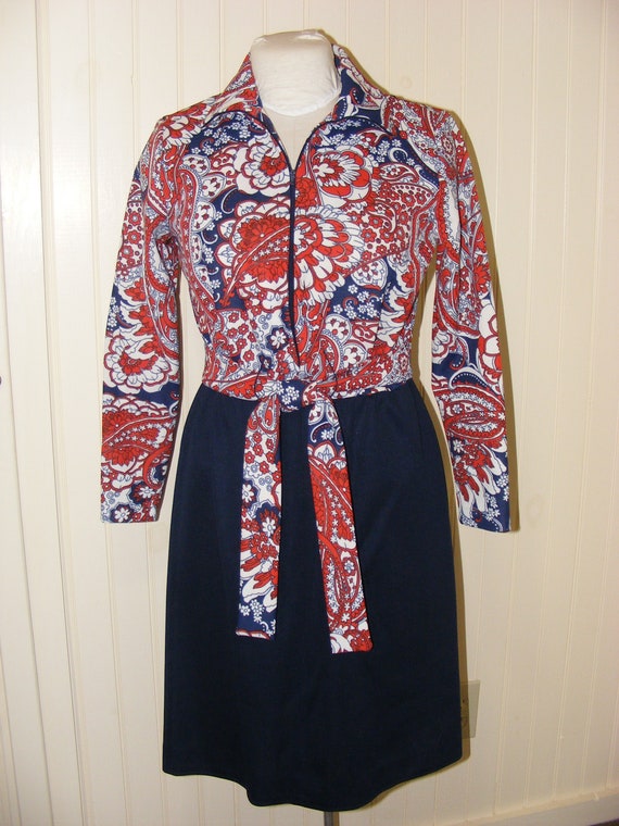 70s Polyester Dress Red White Blue Zip Front Sheath Dress Med - Etsy