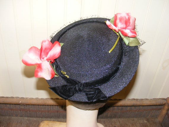 50s Hat Black Straw Flat Velvet and Roses Veiled … - image 3