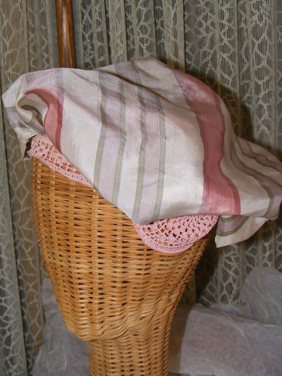 1920s Silk Boudoir Cap Pink Striped Silk Crochet … - image 1