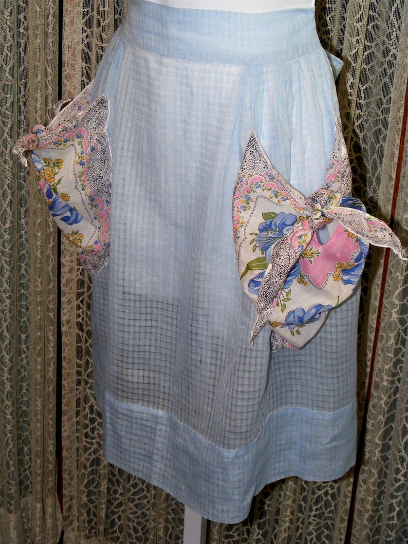 40s Apron Blue Dimity Handmade Vintage Kitchen Handkerchief Pockets image 8