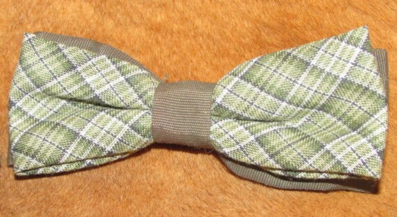 Pair 50s  Boys Bowties Sage & Brown Plaid Clip On… - image 2