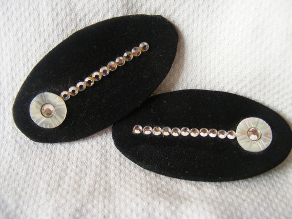 1950S Shoe Clips Black Suede Ovals Rhinestones an… - image 1