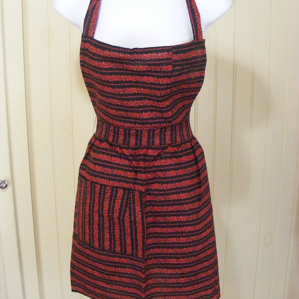 60s Cotton Bib Apron Red Black Floral Stripe Pocket Unworn Kitchen Aprons