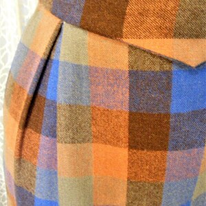 60s Skirt Wool Plaid Blue Brown Slim Silhouette S 26" Waist image 3