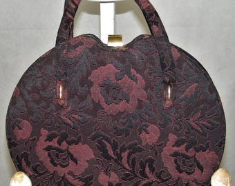 50s Tapestry Handbag Black & Plum Floral Purse Pocketbook Large