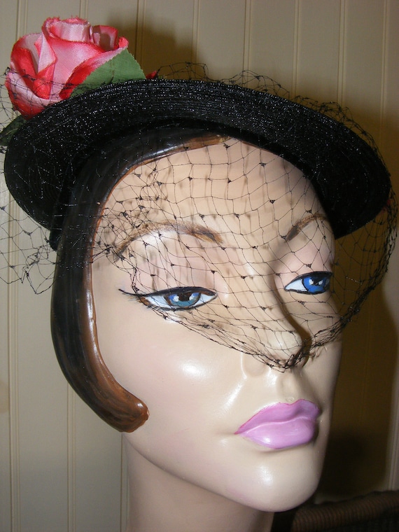 50s Hat Black Straw Flat Velvet and Roses Veiled … - image 7