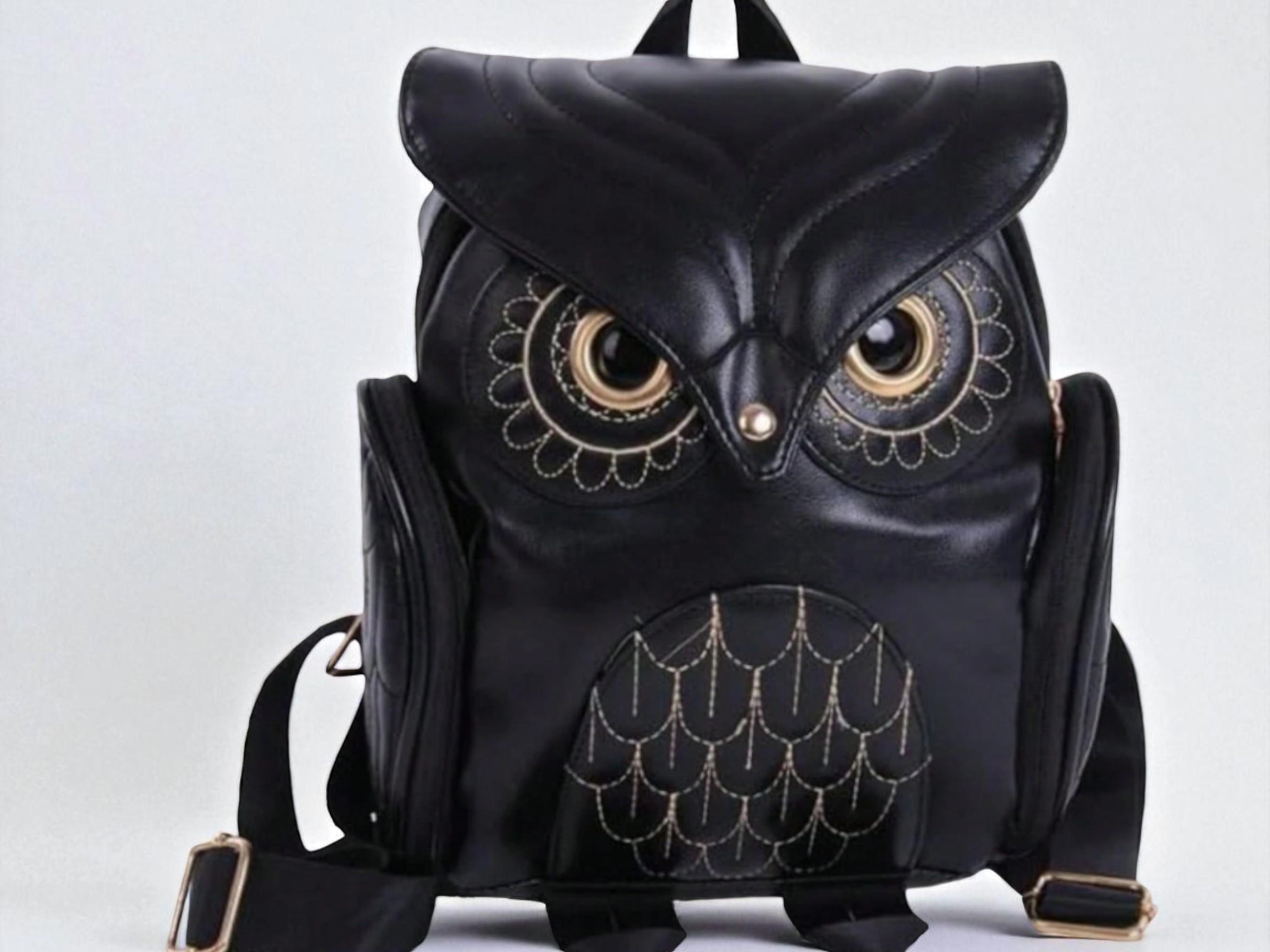 Black Owl PU Backpack with Zipper Closure and Adjustable Straps, Unisex Travel School Bag