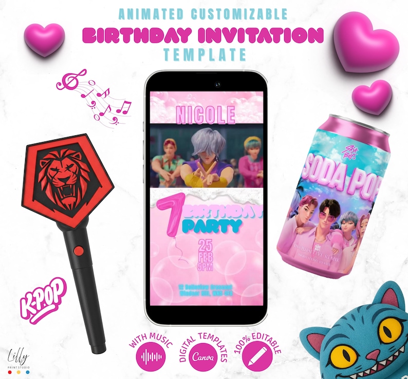KPOP Demon Hunters birthday invitation, editable Canva template digital, Soda Pop video template, Saja Boys party invitation