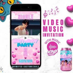 Könnte beinhalten: Eine rosa animierte Video-Musikeinladung für eine Geburtstagsfeier mit K-Pop-Thema. Das Design umfasst ein Foto einer Person, Herzen und den Text "Nicole", "Birthday Party" und "Soda Pop".