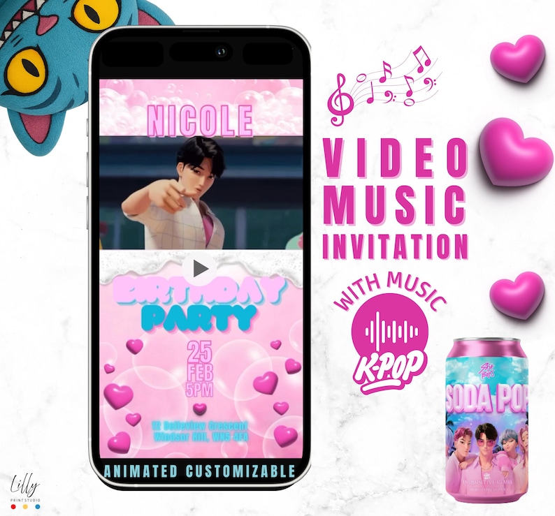 KPOP Demon Hunters birthday invitation, editable Canva template digital, Soda Pop video template, Saja Boys party invitation