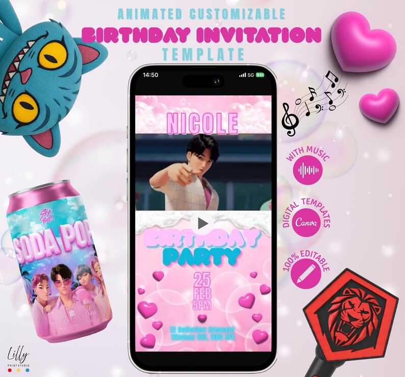 KPOP Demon Hunters birthday invitation, editable Canva template digital, Soda Pop video template, Saja Boys party invitation