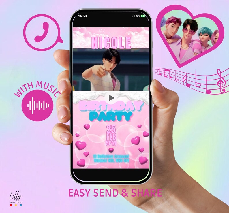 KPOP Demon Hunters birthday invitation, editable Canva template digital, Soda Pop video template, Saja Boys party invitation