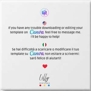 May include: White canvas with text in English and Italian, offering assistance with Canva templates. Includes a logo with a computer icon, an American flag, an Italian flag, a red heart, and the Lilly Print Studio logo.