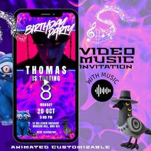 May include: A digital birthday party invitation on a smartphone screen, featuring a stylized image and the text "BIRTHDAY PARTY". The invitation includes the name "THOMAS", the age "8", date, time, and address. The words "VIDEO MUSIC INVITATION" are also displayed.