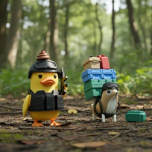 May include: A whimsical scene featuring a yellow duck figurine in tactical gear, holding a weapon, and a dog figurine carrying stacked boxes. The duck wears a helmet and vest, while the dog has a backpack. The setting is a forest floor.