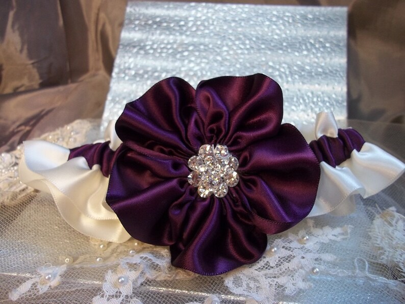 Wedding Garter set in Eggplant and Ivory with Rhinestone Etsy