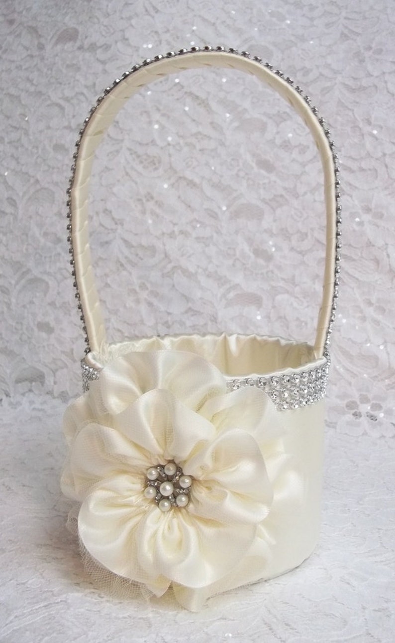 Ivory Flower Girl Basket with Rhinestone Mesh handle and Trim Etsy