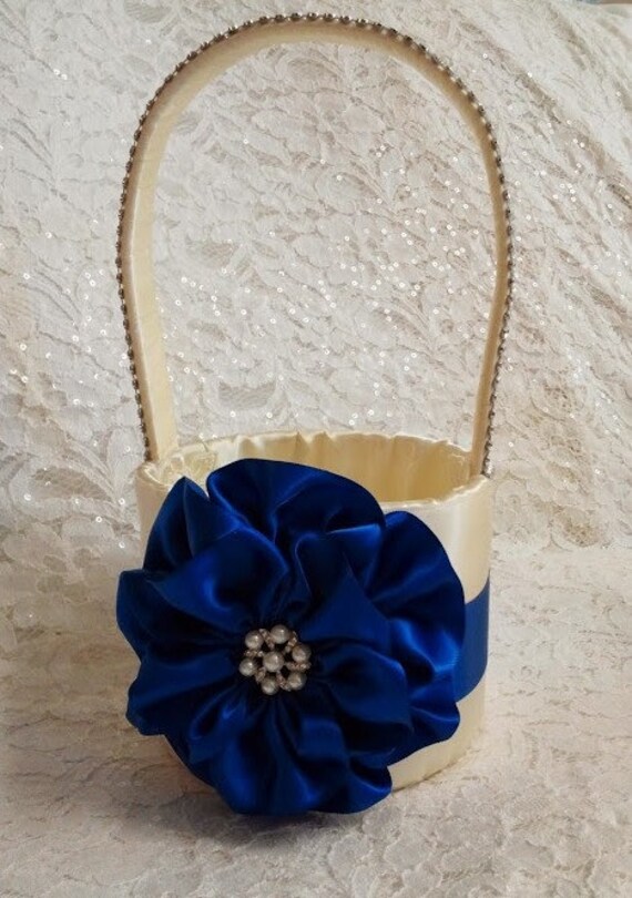 Items similar to Flower Girl Basket in Ivory with Royal Blue Flower and Trim, Rhinestone Mesh