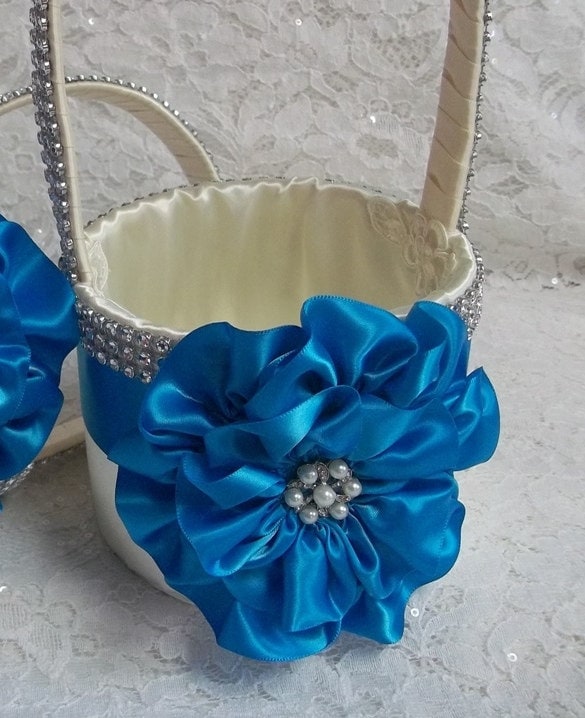 Flower Girl Basket Ivory with a Turquoise Satin Flower and Etsy